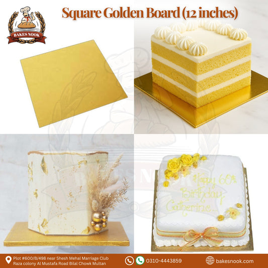 Square Golden Cake Board (12 Inches) by BakesNook 🟨🎂
